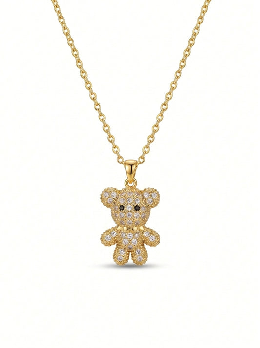Gold tone stainless steel teddy bear necklace with white sapphires
