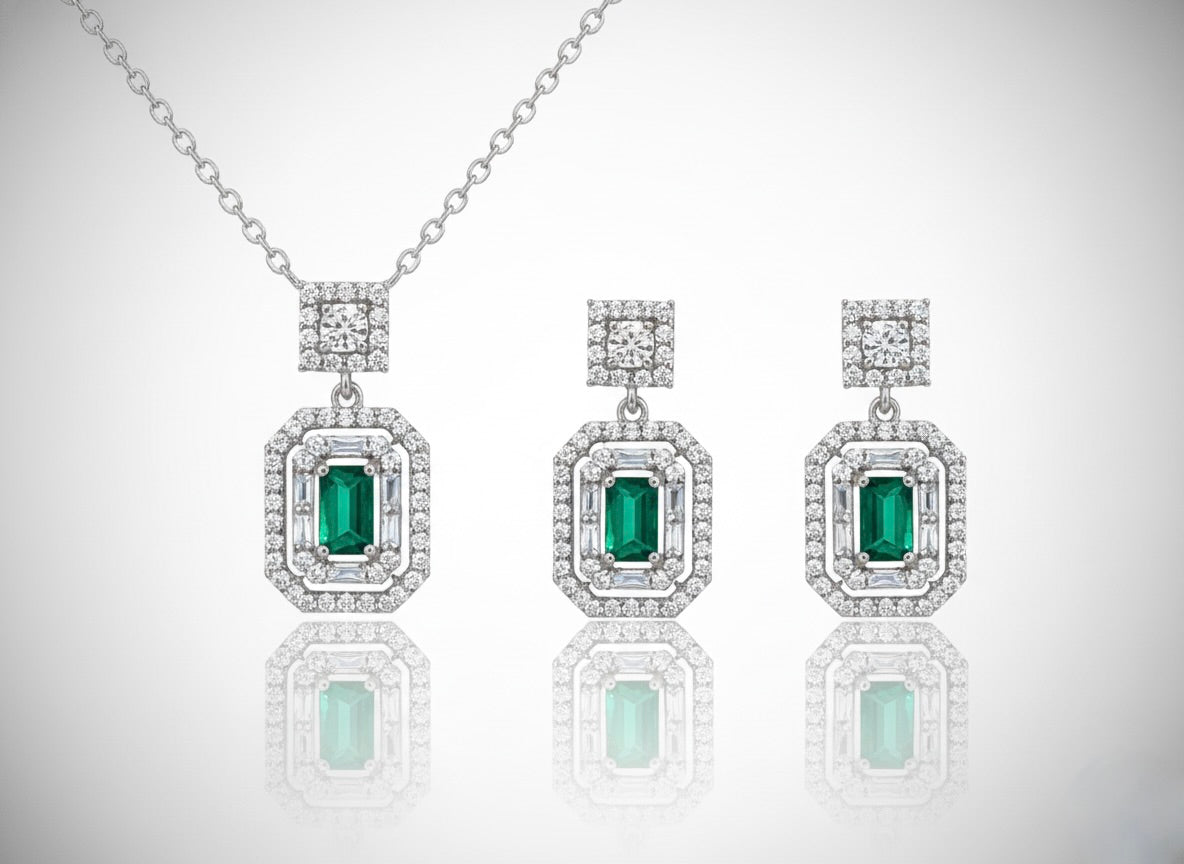 Sterling silver emerald-cut green CZ necklace and matching earrings set