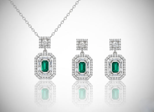 Sterling silver emerald-cut green CZ necklace and matching earrings set