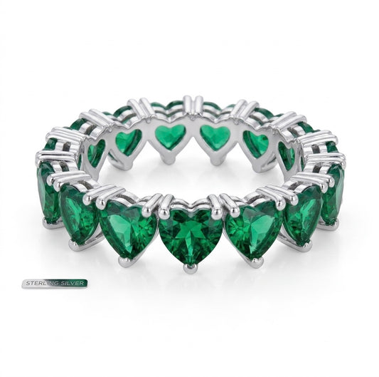 sterling silver eternity ring band with green heart-shaped stones