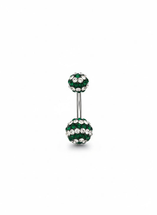 Green and white rhinestone belly button ring – 14G surgical steel
