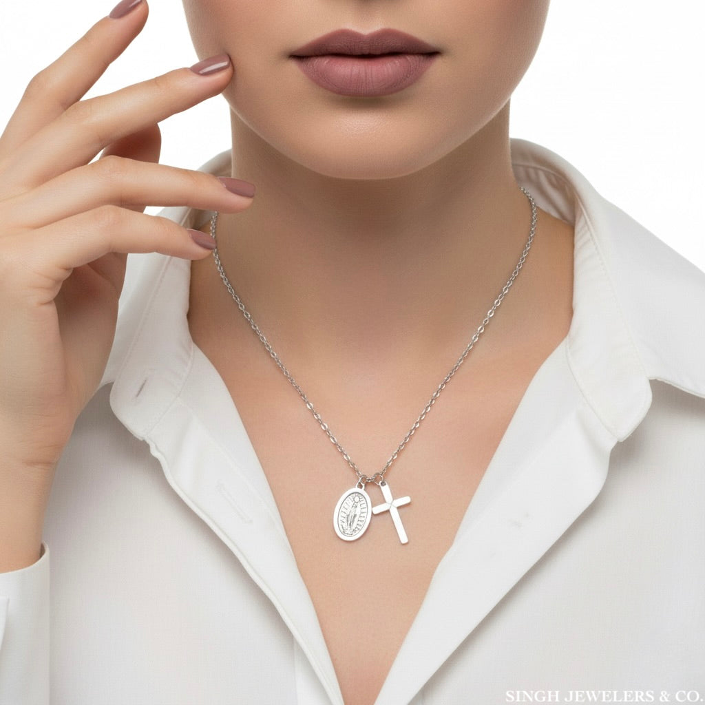 Our Lady of Guadalupe Medallion and Latin Cross Pendant Necklace