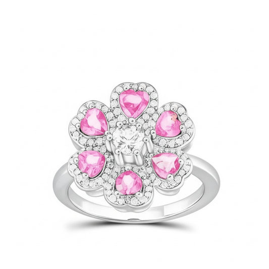 Elegant heart and flower ring in 14K gold, adorned with natural diamonds (1/2 CTTW), created ruby (1/4 CTTW), and natural pink sapphires (1 1/5 CTTW).