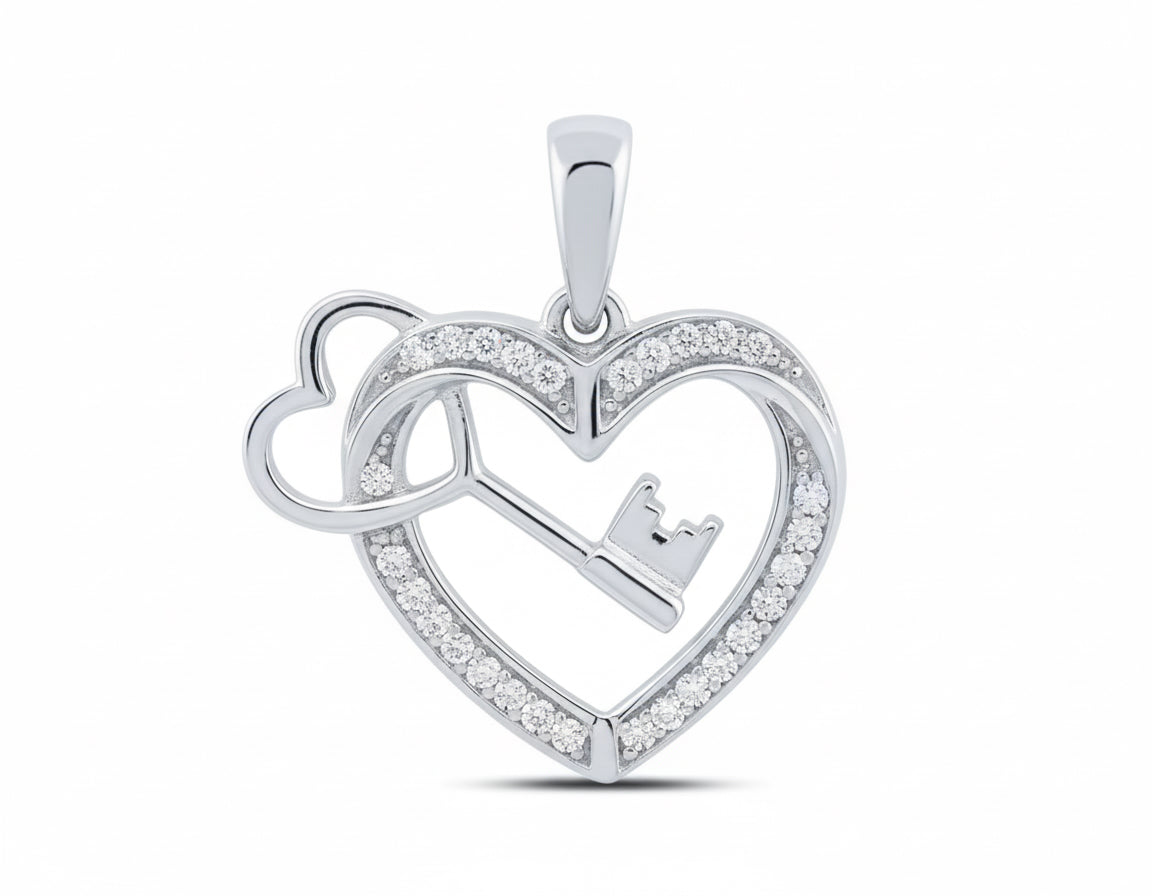 Sterling silver heart key pendant with 1/10 CTW natural diamonds