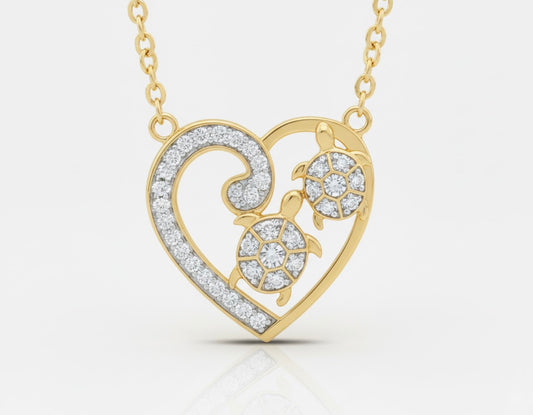 Heart pendant necklace in 10K yellow gold with two turtles inside, each featuring a natural diamond, on an 18-inch rolo link chain