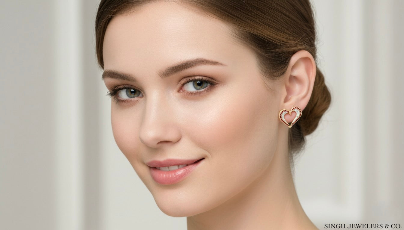 Woman wearing a heart-shaped earring with a neutral background