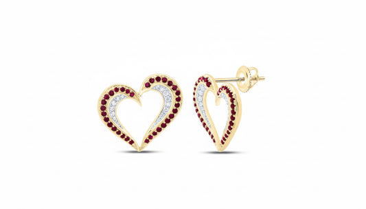 Heart-shaped earrings with red and clear gemstones on a white background