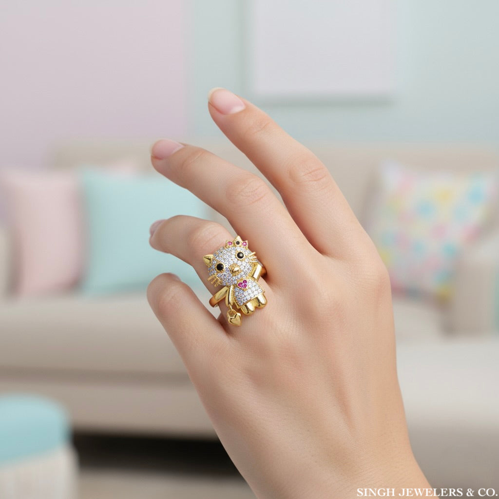 Hello Kitty inspired 10K yellow gold ring with cubic zirconia