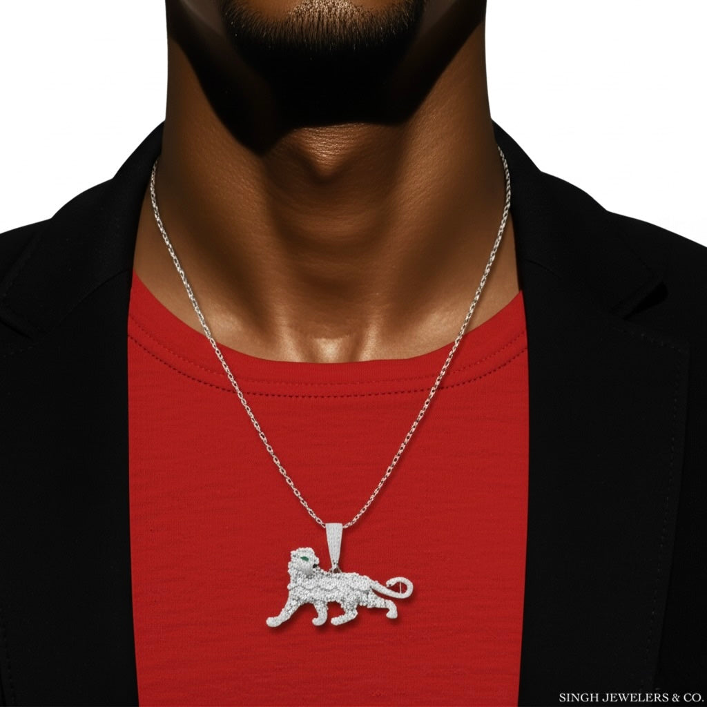Front view of sterling silver panther pendant with 4.87 carat moissanite