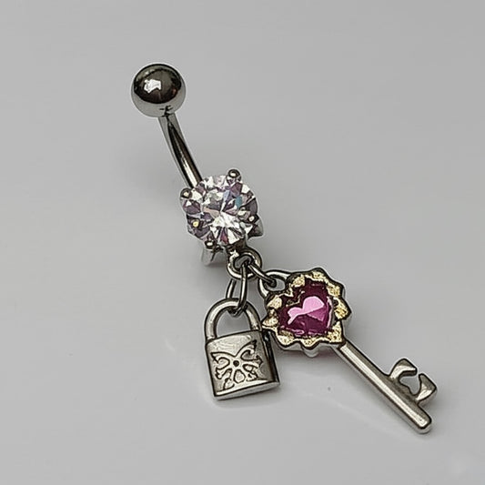 Key and lock dangle belly button ring made from 316L surgical stainless steel with secure barbell