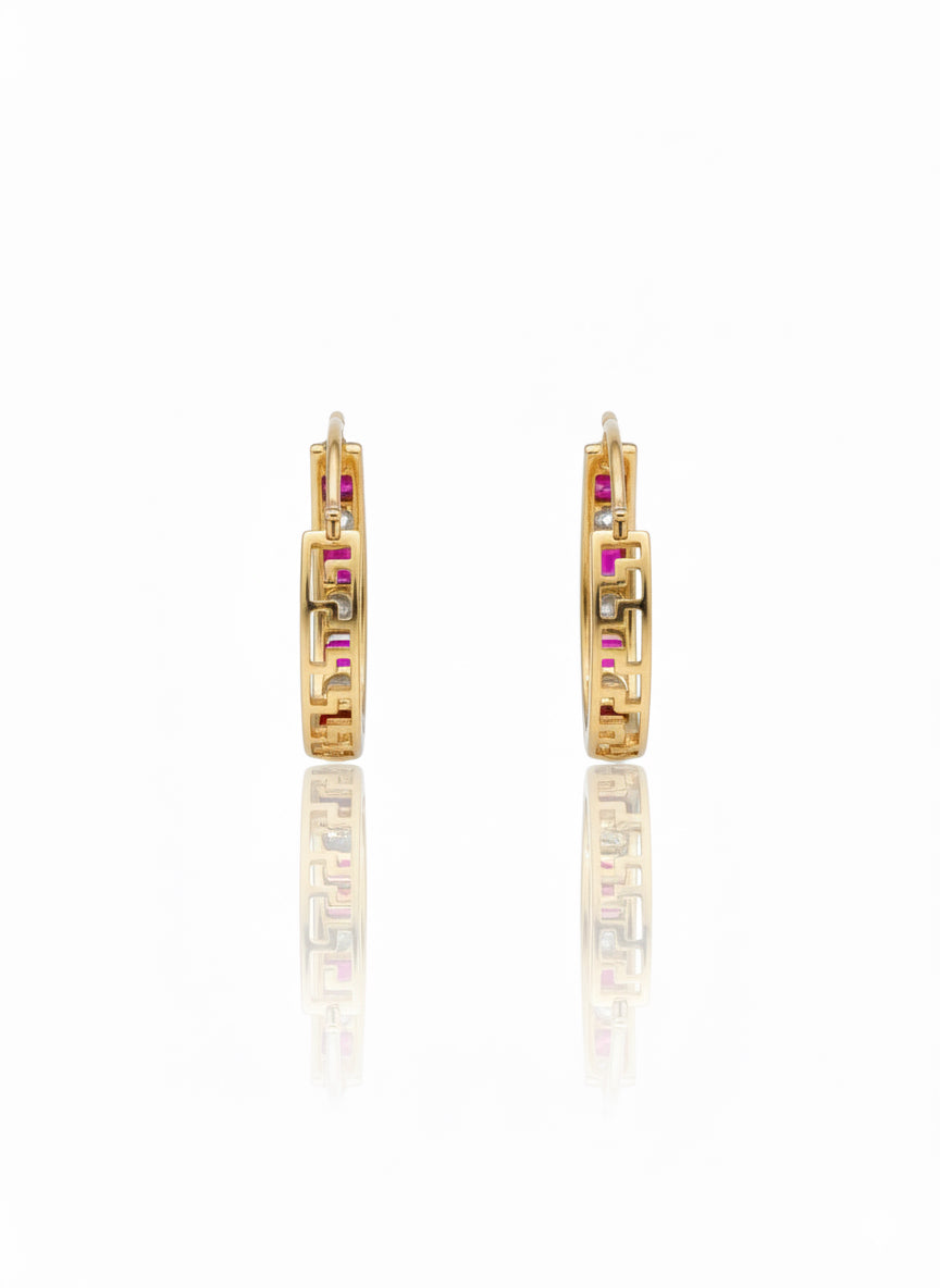10K gold huggie earrings with lab grown rubies and white sapphires featuring Versace-inspired back design