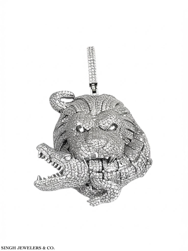 Lion and Crocodile Sterling Silver Moissanite Pendant