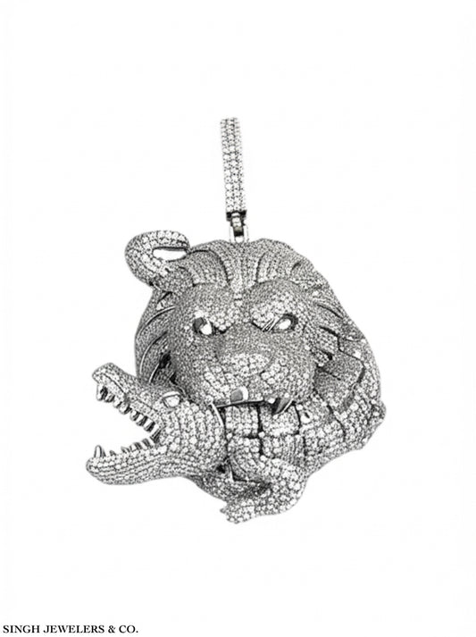 Lion and Crocodile Sterling Silver Moissanite Pendant