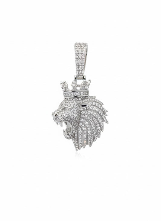 Close-up of 925 silver Lion Face pendant with sparkling moissanite stones