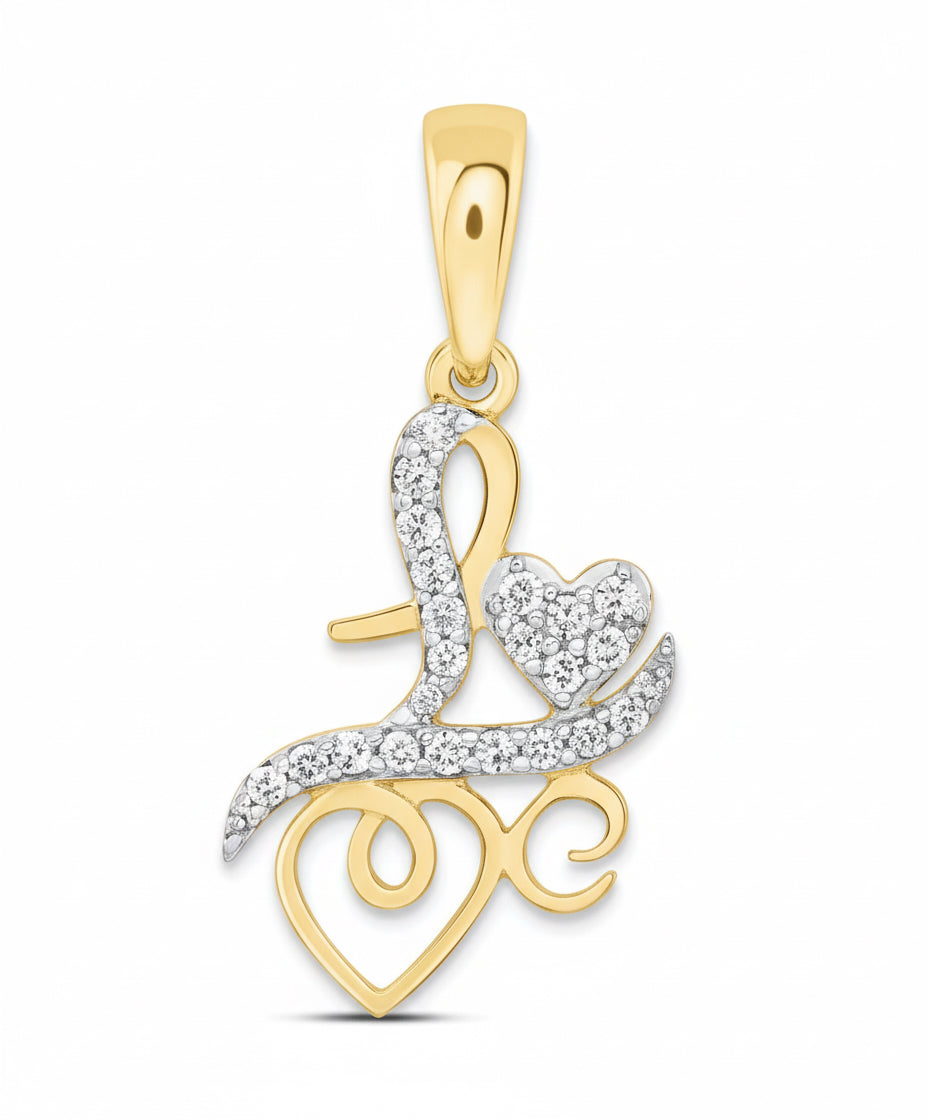 10K gold heart pendant with “Love” script and 1/8 CTW natural diamonds