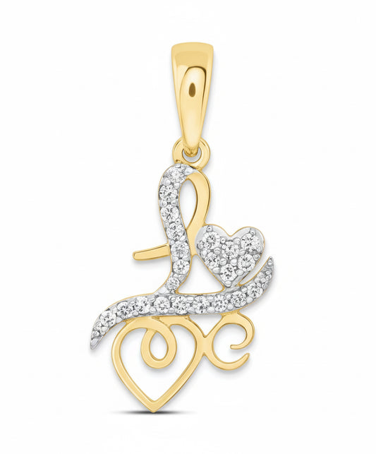 10K gold heart pendant with “Love” script and 1/8 CTW natural diamonds