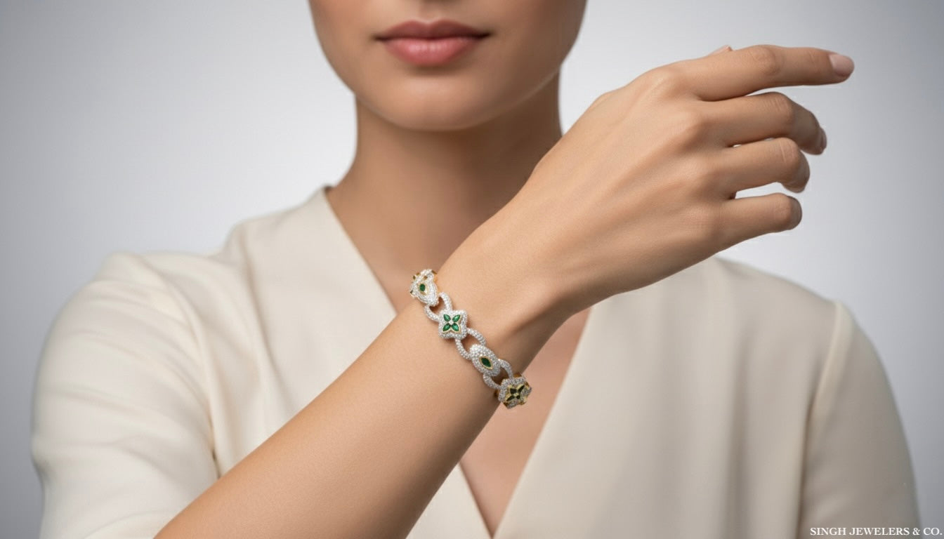 Woman wearing a bracelet with a neutral background