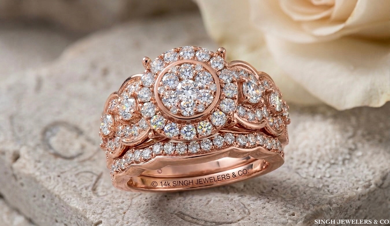 Luxury 14K rose gold bridal ring set with natural diamonds and blue sapphires