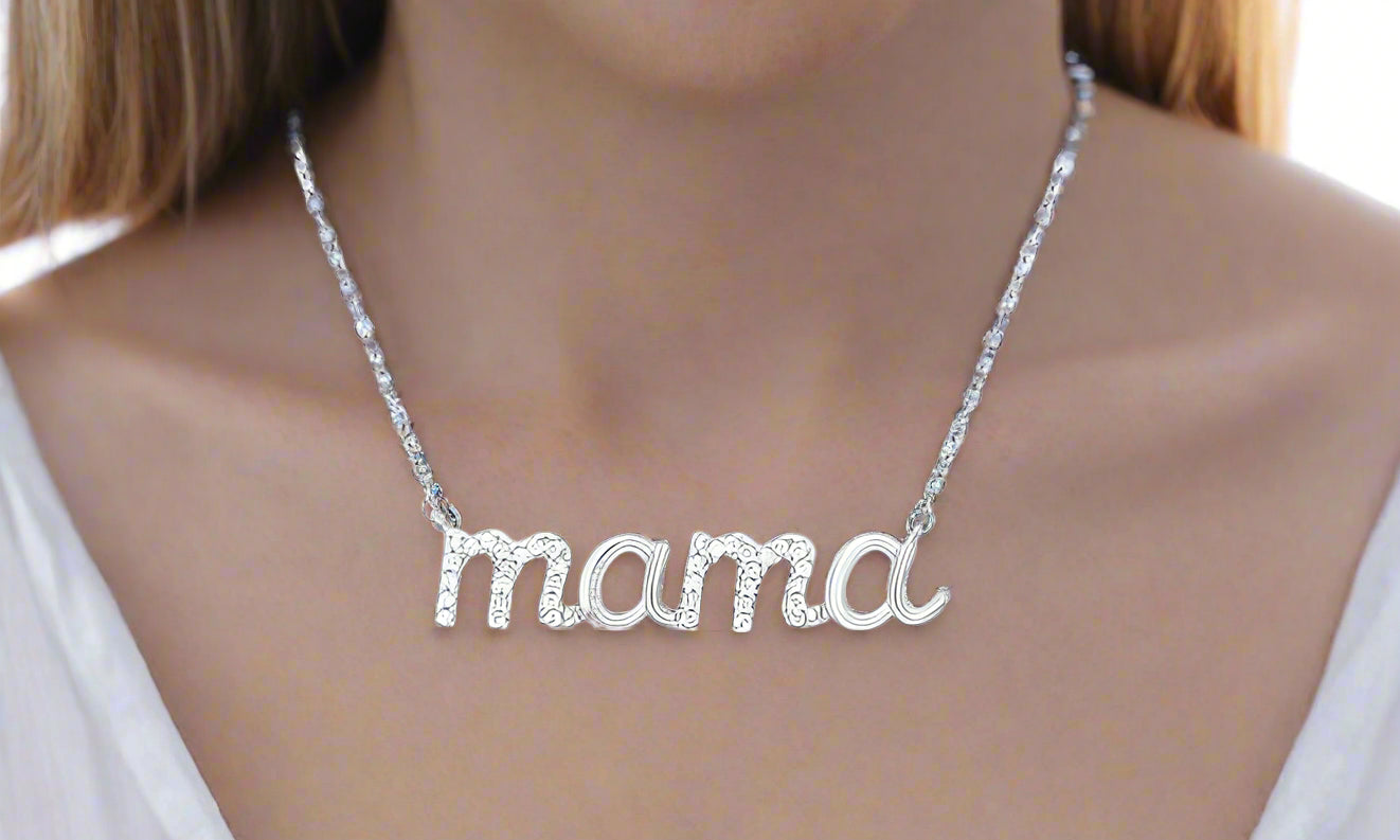 Mama pendant necklace in sterling silver with 1/10 carat diamonds, 18-inch chain.