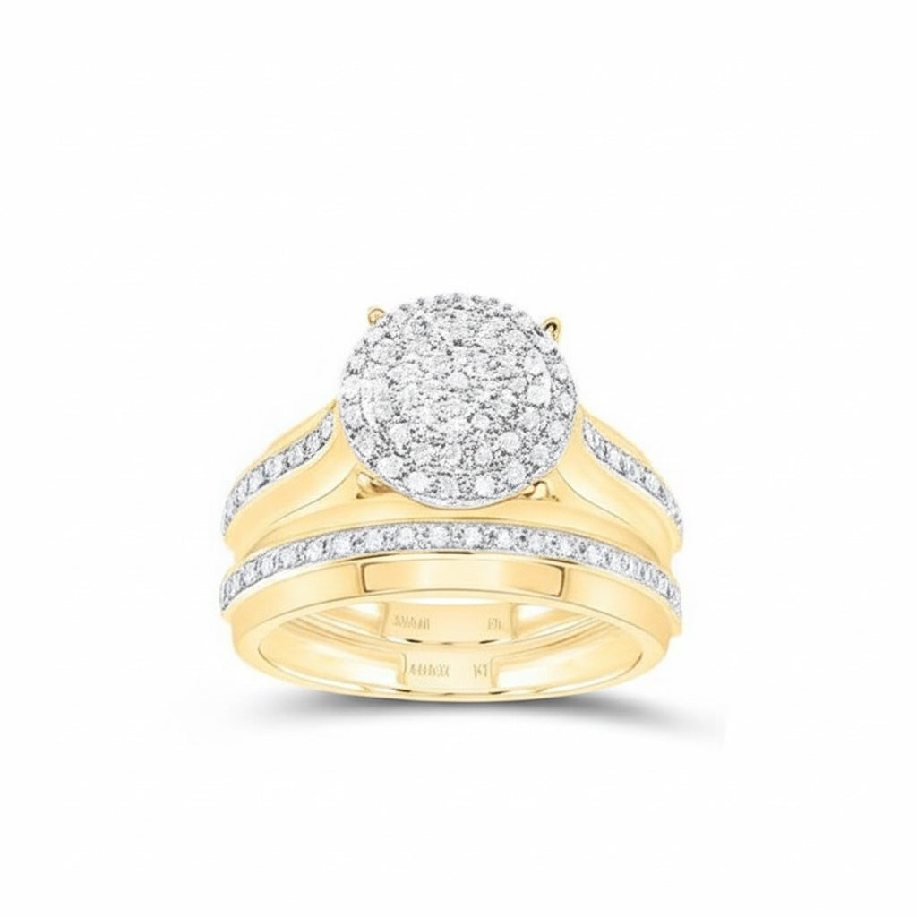 Gold ring with diamond accents on a white background