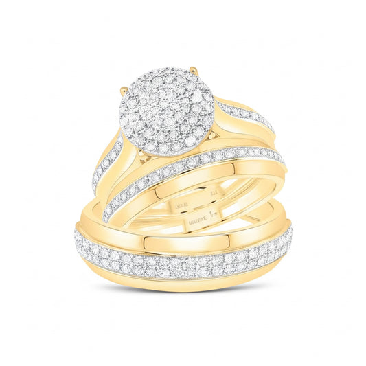 Matching 10K yellow gold diamond trio wedding ring set for him and her, 1/2 carat total weight