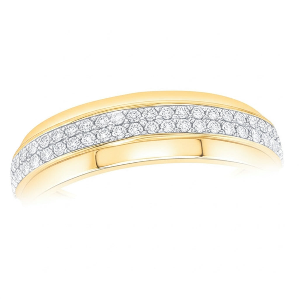 Gold ring with diamond accents on a white background