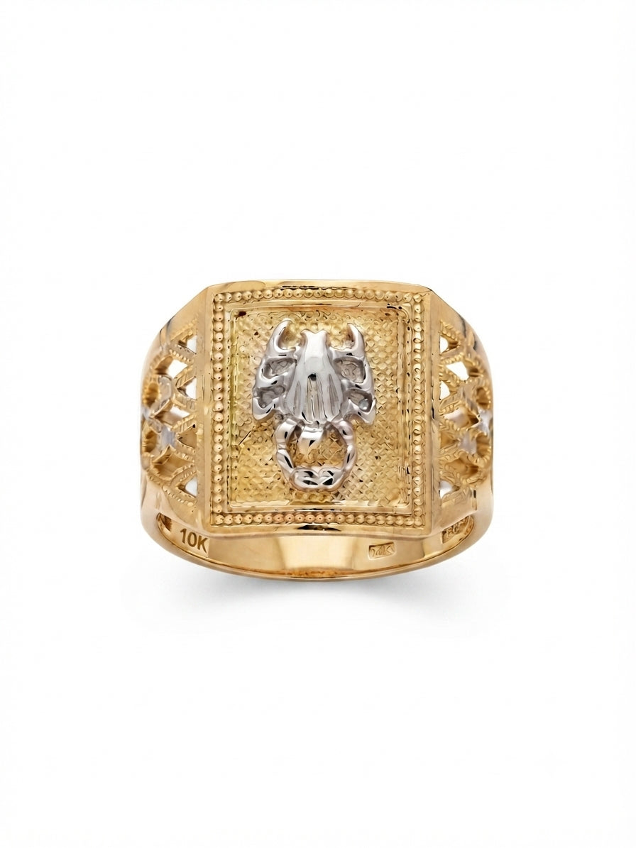 Close up of scorpion shaped gold ring in 10K yellow gold for men