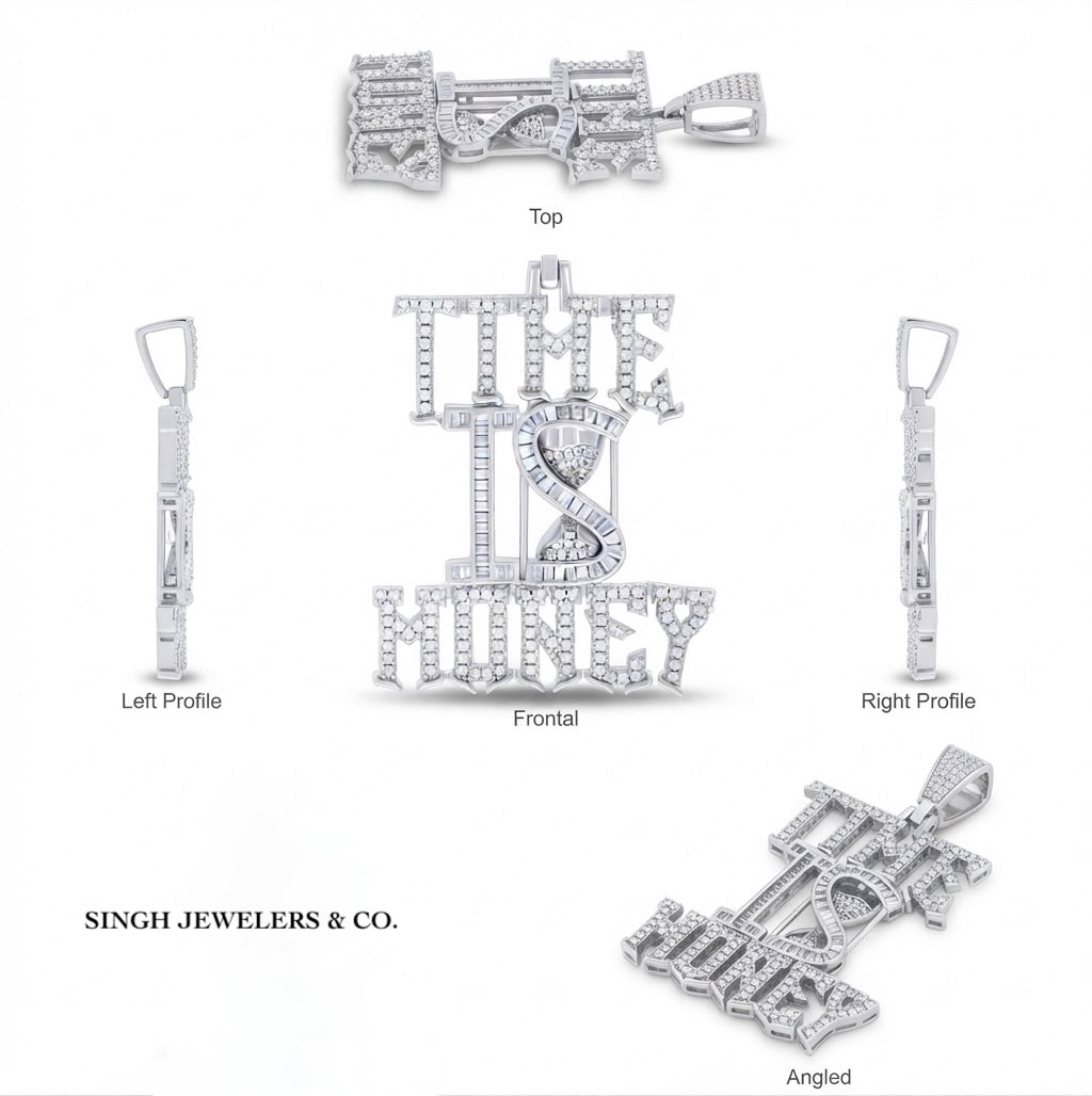 925 sterling silver men's Time Is Money pendant with baguette and round cubic zirconia different angles