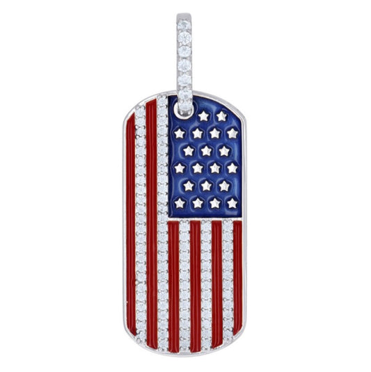 Men's 925 sterling silver American Flag dog tag pendant with cubic zirconia