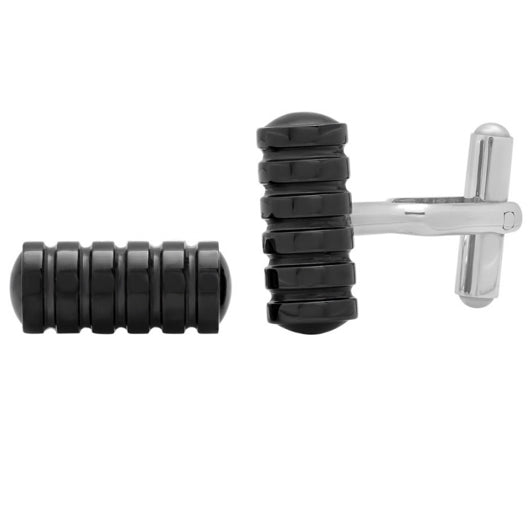 Men’s black cufflinks with horizontal grooved texture and matte finish