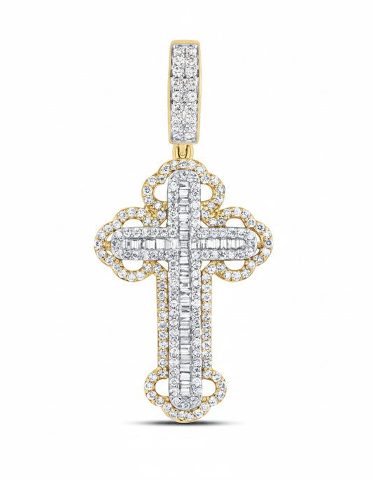 Gold and silver cross pendant with diamonds on a white background