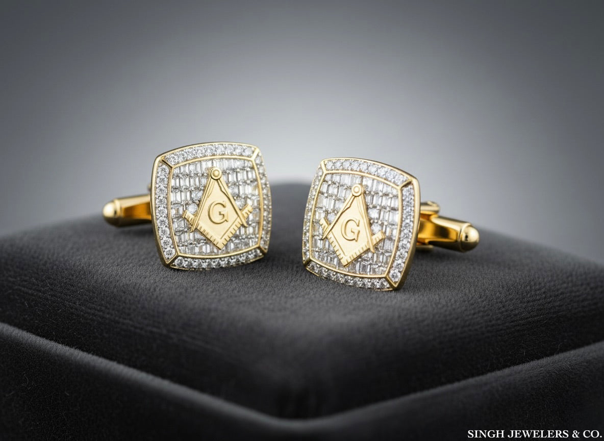 Men’s diamond cufflinks with cushion-cut stones and Masonic symbol – 1.33 CTTW