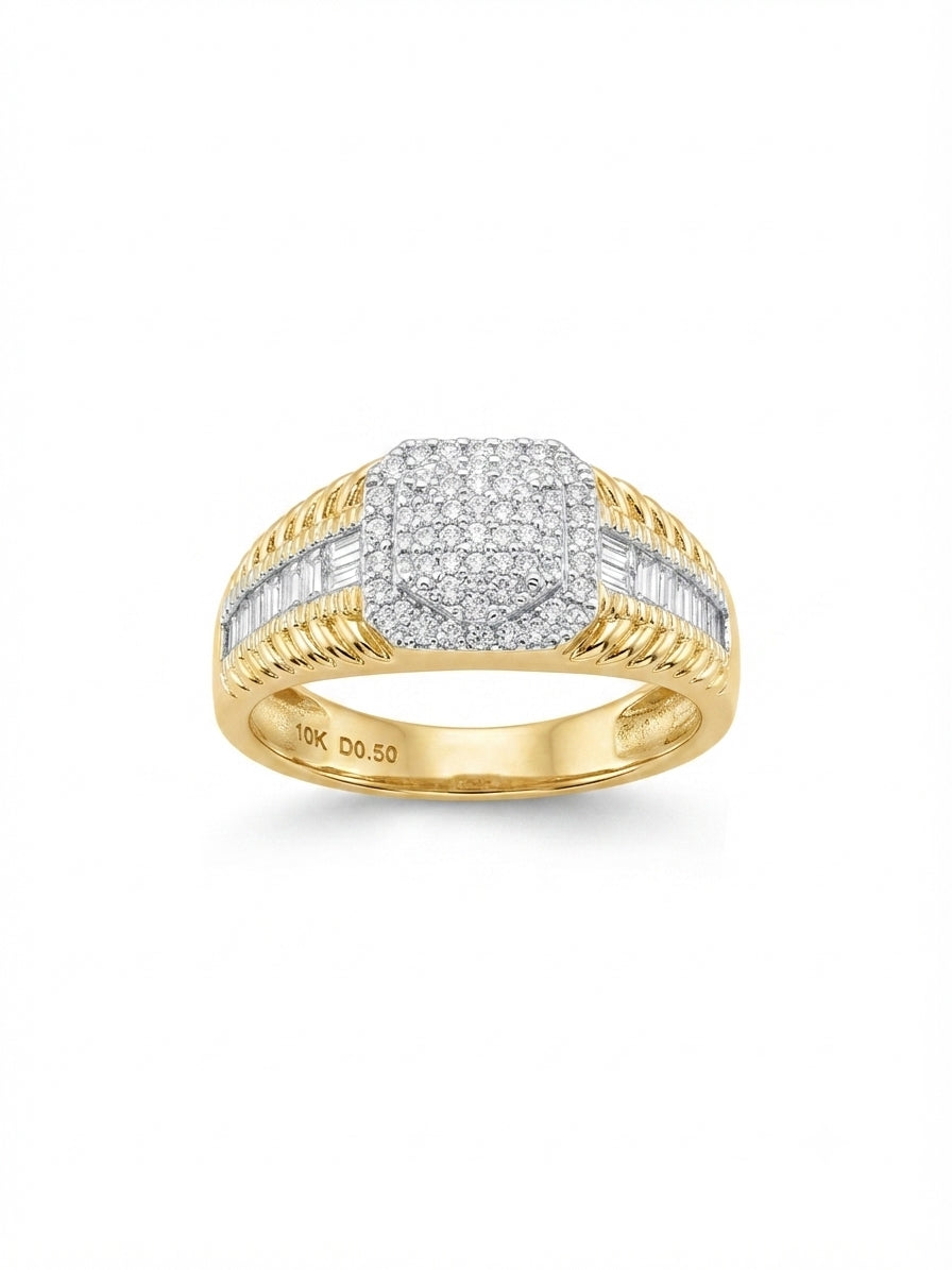 Bold men’s yellow gold diamond statement ring with modern hexagon shape