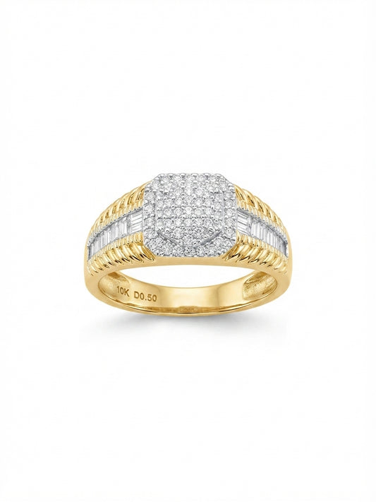 Bold men’s yellow gold diamond statement ring with modern hexagon shape