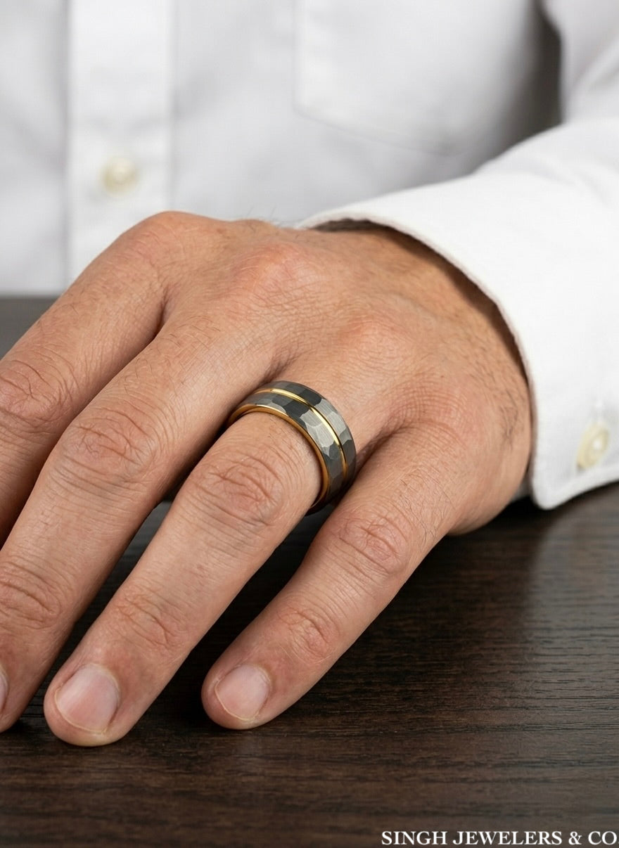 Scratch-resistant grey gold tungsten ring