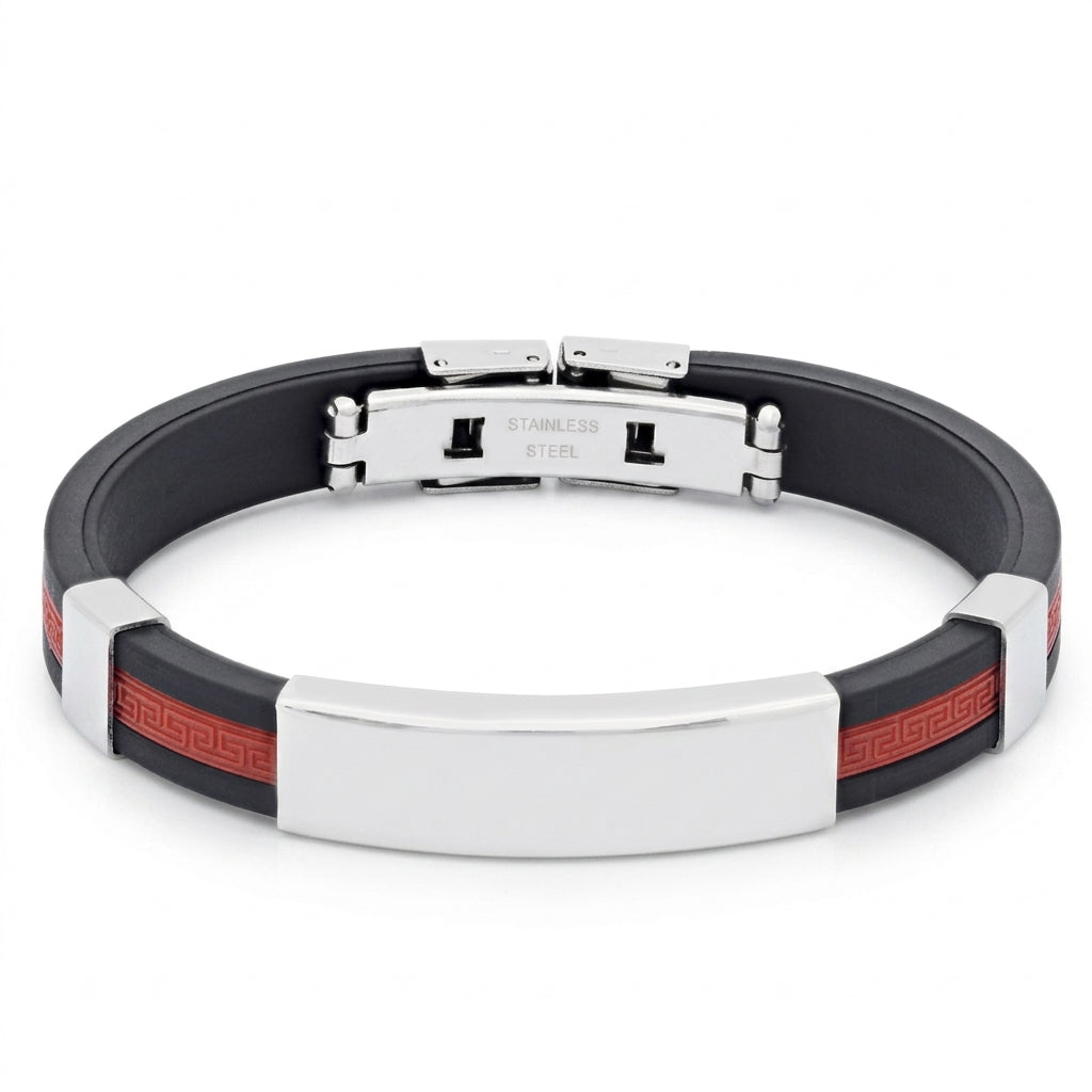 Men’s black stainless steel cuff bracelet with red stripe on white background