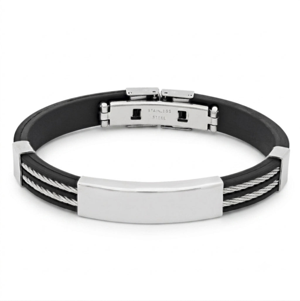 Men's stainless steel bracelet with black rubber double cable rope inlay design