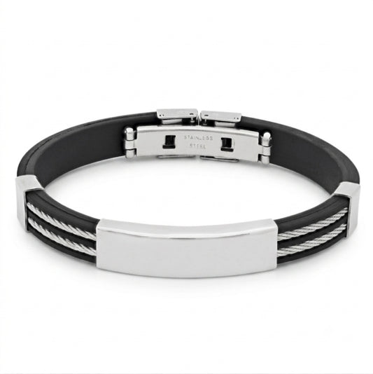 Men's stainless steel bracelet with black rubber double cable rope inlay design