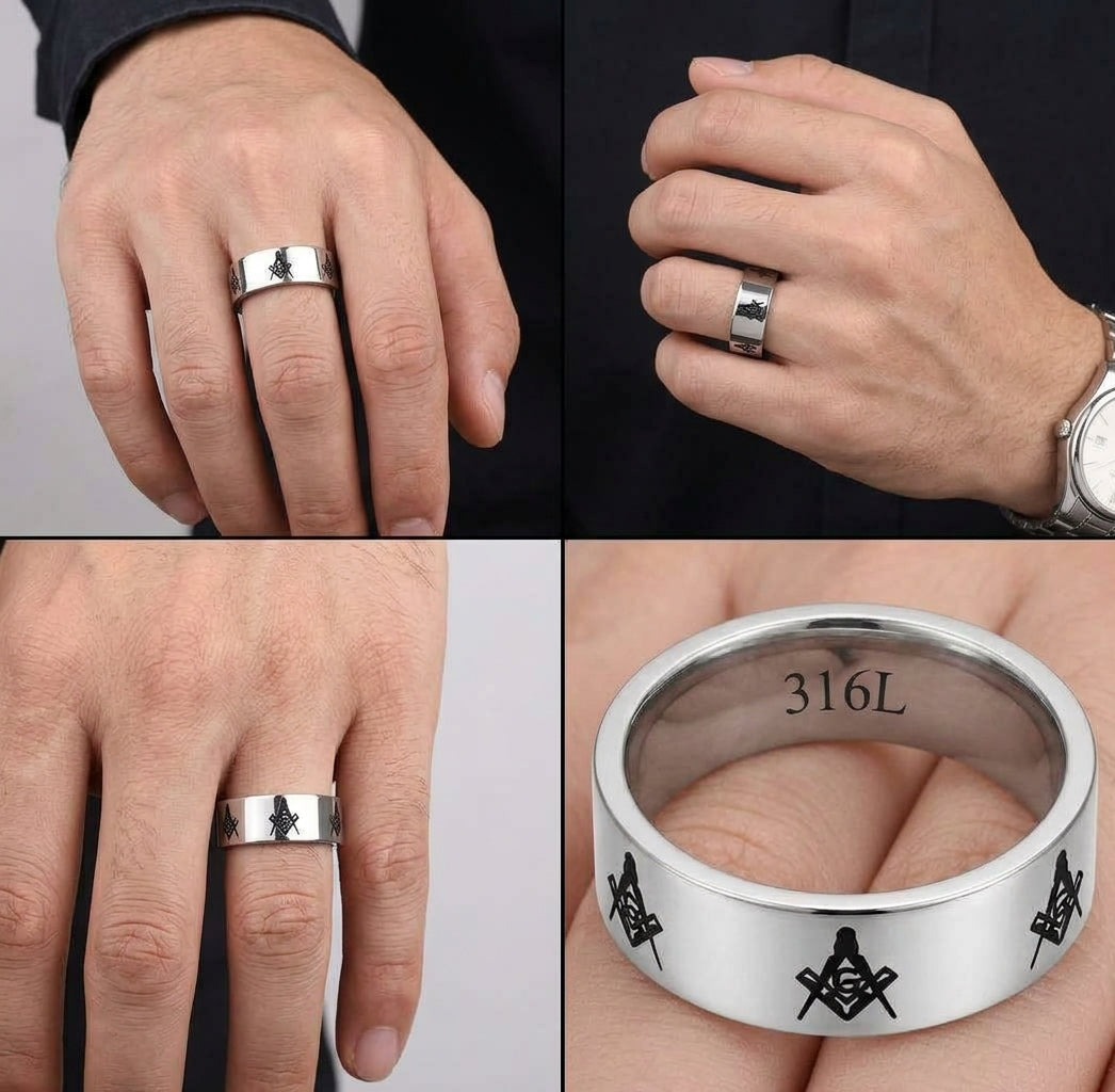 Masonic pride with this Men's Stainless Steel Masonic Comfort-Fit Band Ring on guy hand