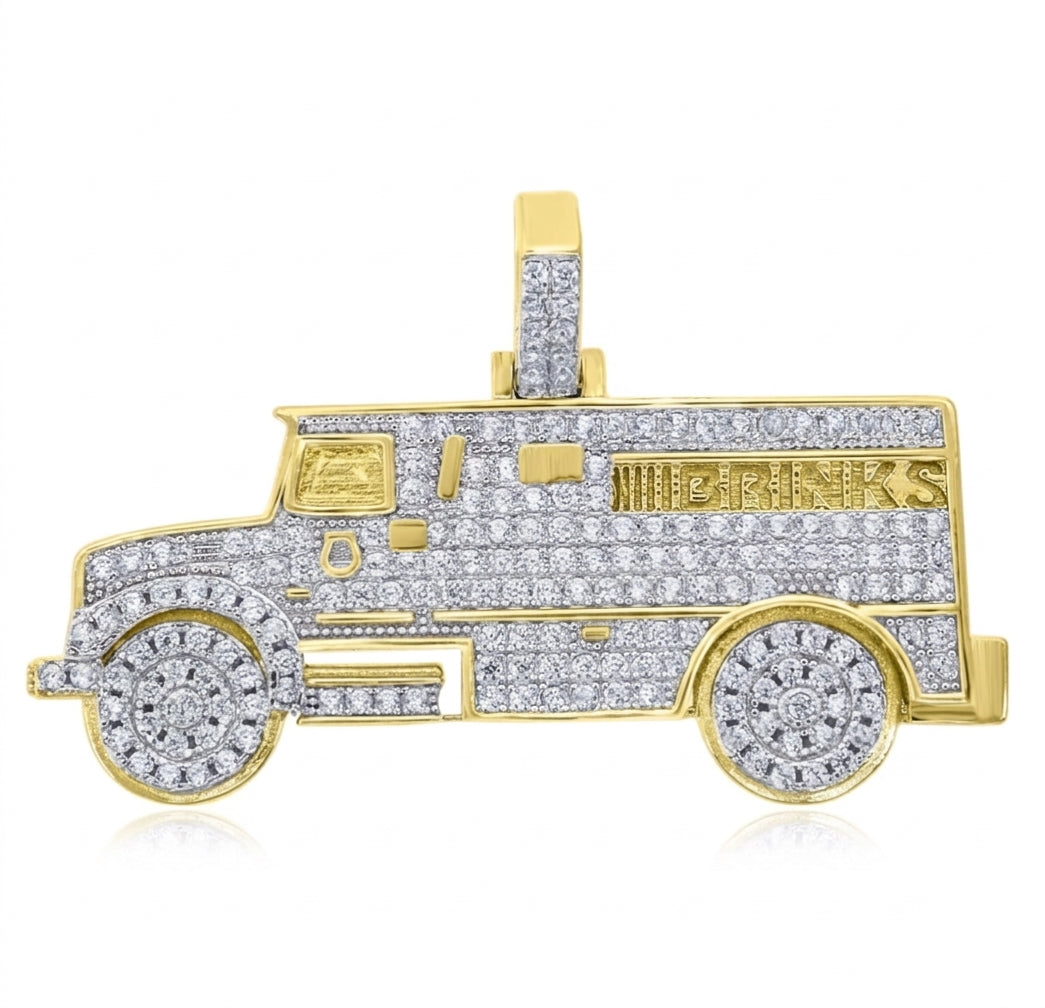 Men's yellow-tone 925 sterling silver armored vehicle pendant with round cubic zirconia stones