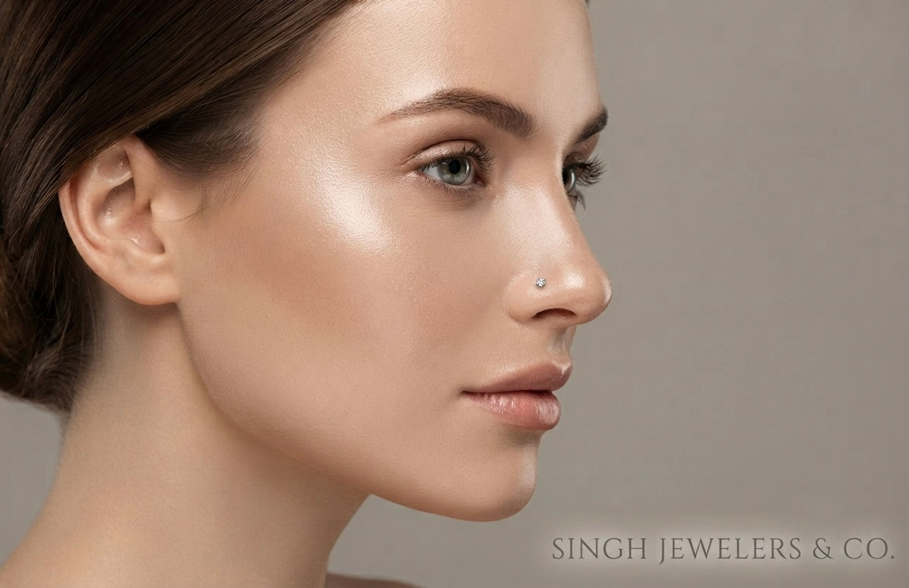Elegant lightweight gold nose pin with diamond accent 1mm thickness