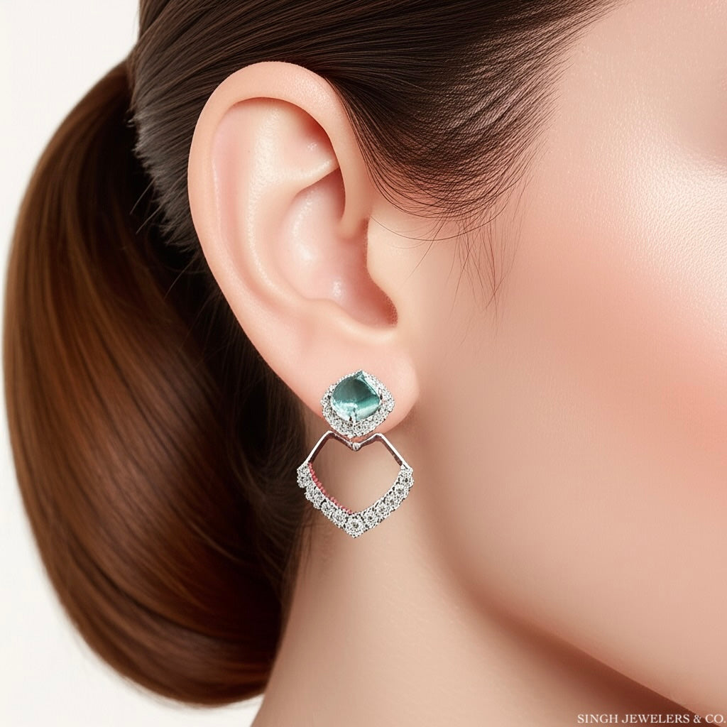Sterling silver dangle earrings with cushion-cut aquamarine cubic zirconia stones