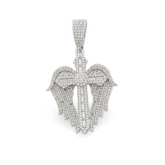 Sterling Silver 2.25 CT Moissanite Angel Wings Pendant with Iced Detail