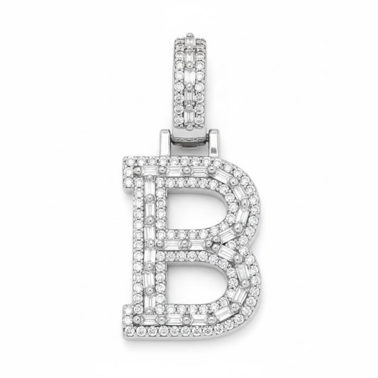 Sterling silver B letter pendant with round and baguette moissanite stones