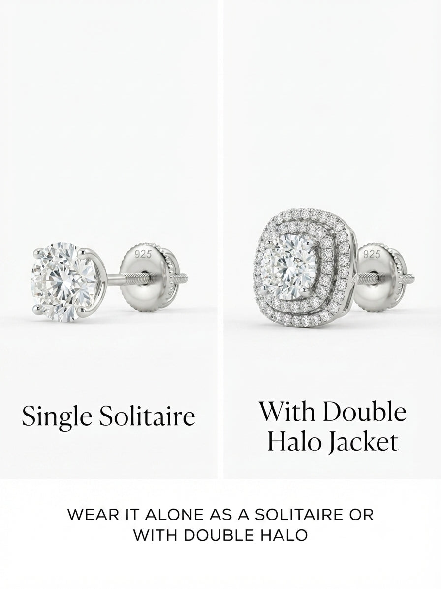 Close up of 3.20 CTW D color moissanite halo earrings showing sparkle detail