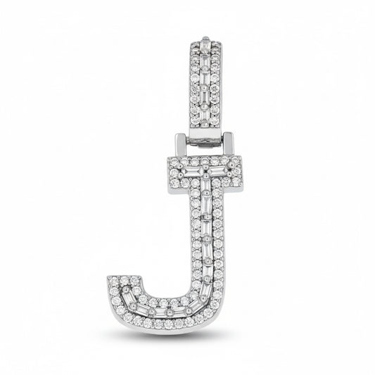 Sterling silver J letter pendant with 0.32ct round and 0.38ct baguette moissanites