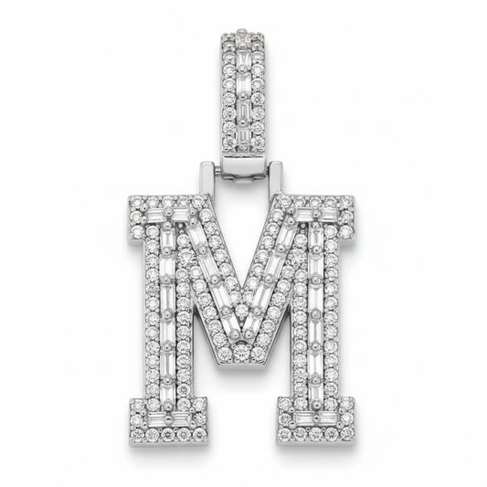 Sterling silver M letter pendant with 0.32ct round and 0.38ct baguette moissanites