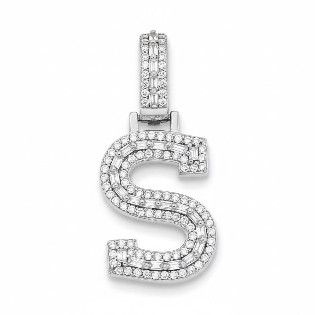 Sterling silver S letter pendant with 0.40ct round and 0.50ct baguette moissanites