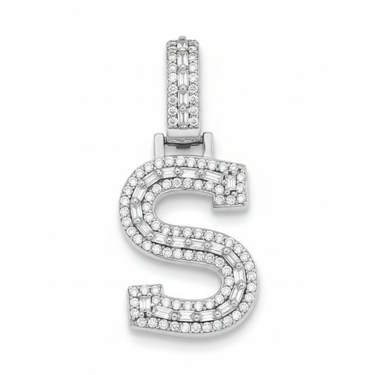 Sterling silver S letter pendant with 0.40ct round and 0.50ct baguette moissanites