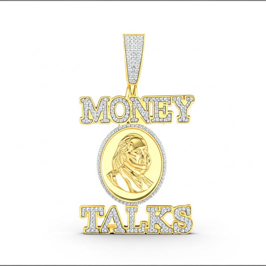 Gold pendant with 'Money Talks' text on a white background